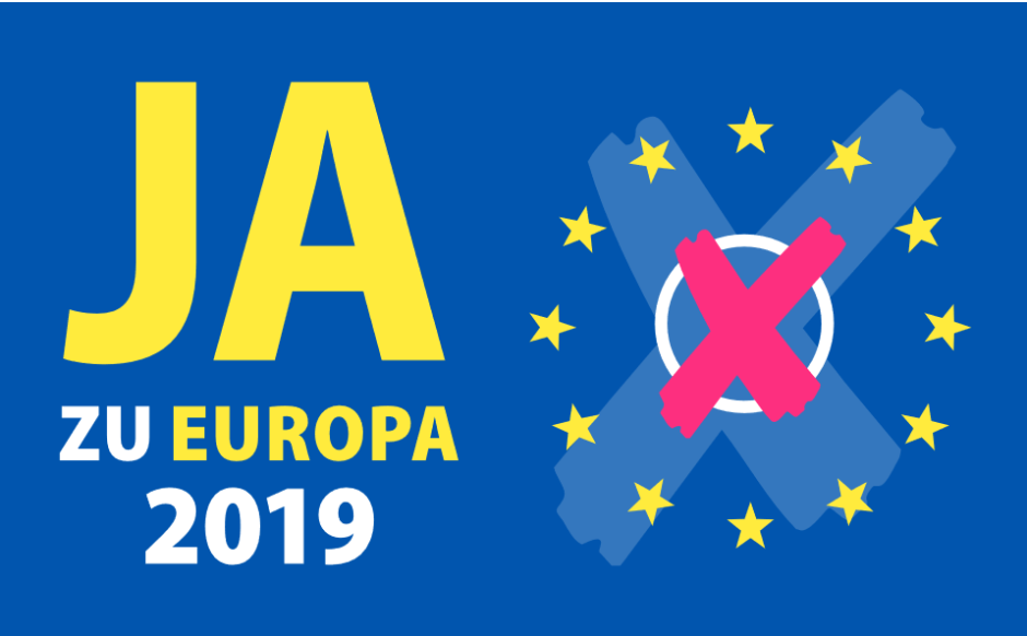 A cross made on an electoral ballot, surrounded by European stars and the text "Ja zu Europa 2019"